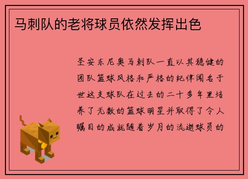 马刺队的老将球员依然发挥出色