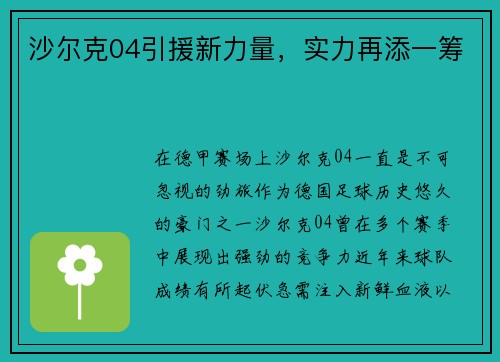 沙尔克04引援新力量，实力再添一筹